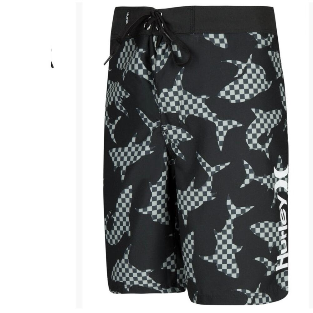 NEW Hurley Big Boys Board Shorts 12 Black Shark Print Drawcord Swim Surf Trunks
